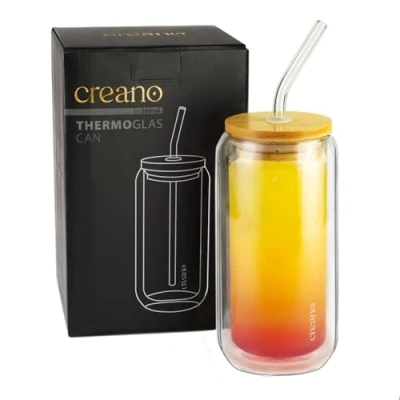 Imagen de Creano Vaso de doble pared con tapa bambú y pajita 360 ml para batidos Bubble Tea Copa cóctel