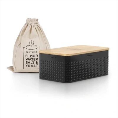 Imagen de LARS NYSØM Panera I Recipiente para Pan con Bolsa incluida Hecha de Lino Caja Tapa bambú Adaptable como Tabla Cortar (Carbon Black)