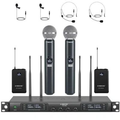 Imagen de Phenyx Pro Sistema de Micrófono Inalámbrico 4 Canales con Micrófonos Mano/Bodypack/Headset/Lapel, 4x40 Canales, Escaneo Automático, Larga Distancia 328ft, Ideal para Karaoke (PTU 7000 2H2B)