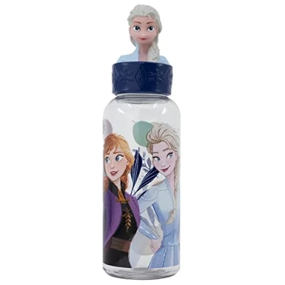 Imagen de Botella de agua reutilizable para niños y niñas plástico con diseño infantil tapón figurita 3D capacidad 560 ml Frozen