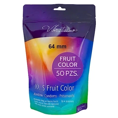 Imagen de VIBRATISSIMO condones Fruit Color paquete de 50 I sensitivos y extra húmedos condoms for men bolsa recerrable multicolor extrafinos 64mm