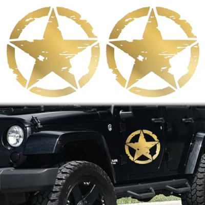 Imagen de Longivia® 2 Unidades Pegatinas 4x4 Estrella Militar Varios Tamaños 10cm, 15cm, 20cm, 25cm Accesorios Todoterreno Vehiculo Historico Off Road (Oro, 15cm x 15cm)