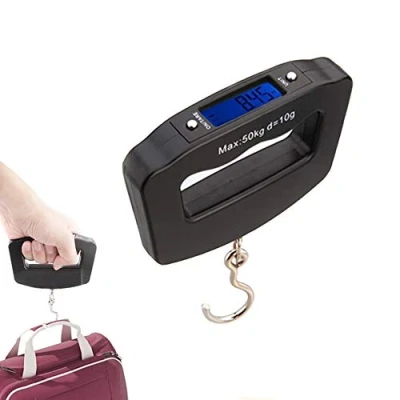 Imagen de Mengshen Mini Báscula de Equipaje portátil Balanza pesaje electrónica Digital 110 LB / 50 kg con Gancho Pesca Función Tara Pantalla LCD retroiluminada para Home Farm Factory Hunting Outdoor