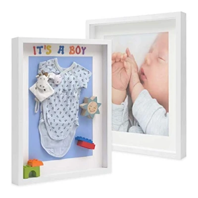 Imagen de PHOTOLINI 3D Marcos de Fotos 40x50 cm para Rellenar, Blanco, 2 Piezas Marco con Profundidad Objetos hasta 3 cm, Madera MDF paspartú y Cristal Manualidades como Regalo