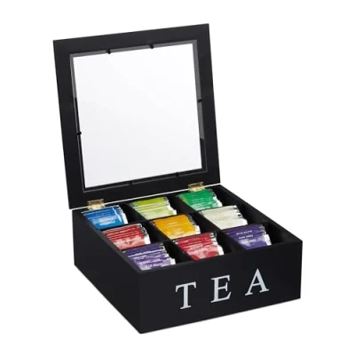 Imagen de Relaxdays Caja Té, 9 Compartimentos, Organizador Infusiones, de Bambú, con Ventana, x 23,5 cm, Negro/Blanco
