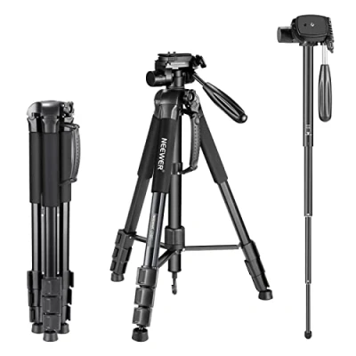Imagen de Neewer Portátil 177cm de Aleación Aluminio Trípode Monopié con Cabezal Giratorio 3 Vías, Bolsa para Cámara DSLR, Videocámara vídeo DV, Carga hasta 8,8 libras/4 kg Negro (SAB264)