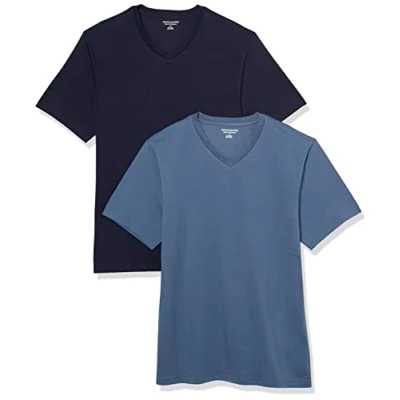 Imagen de Amazon Essentials Camiseta de manga corta, cuello pico, corte recto (disponible en tallas grandes y largos especiales) Hombre, Pack 2, Azul Marino/Azul Oscuro, M
