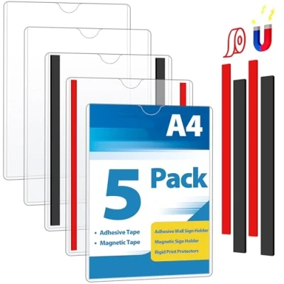 Imagen de VAIIGO soporte magnético para letreros de pared A4, magnético, protectores impresión rígidos con cintas adhesivas y magnéticas, papel plástico oficina, hogar, tienda, 5