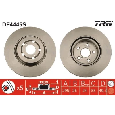 Imagen de TRW DF4445S Disco de freno 295 26 5 100 ventilado barnizado altamente carbonizado TOYOTA: Avensis II Berlina, Station Wagon