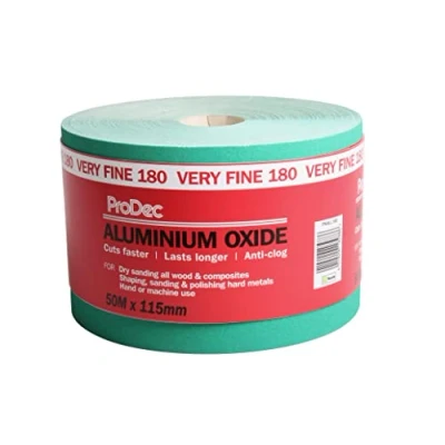 Imagen de ProDec Rollo de papel lija abrasivo óxido aluminio verde grado muy fino grano 180 para lijar madera, pintura, yeso, relleno, metal y más, 115 mm ancho, compatible