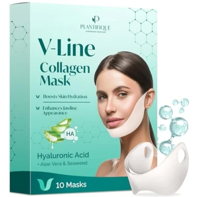 Imagen de PLANTIFIQUE Mascarilla Colageno Facial V Line Lifting Mask 10 Hidratante Mentonera para Papada Mujer y Hombres Collagen Face Chin Strap