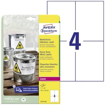 Imagen de Avery España L4719 20 etiquetas adhesivas resistentes al agua(80 en poliéster para seguridad, 105x148mm, láser) Caja de hj