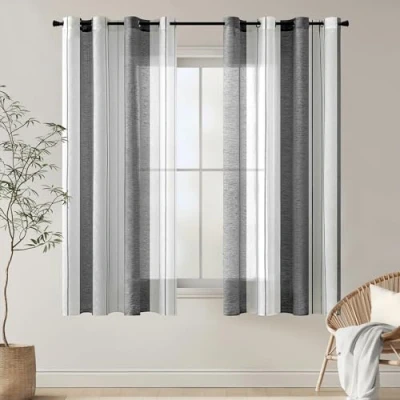 Imagen de MIULEE Cortinas Salon Modernas con Rayas Blanco y Gris, Bonitas Dormitorio Juvenil Ojales, Translucidas Visillos Cortos para Ventanas Habitacion, Salón 2 Piezas, 2X A140xL175CM