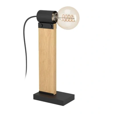 Imagen de EGLO Bailrigg lámpara de mesa rectangular, FSC100HB, para salón madera natural y metal negro, mesilla noche con casquillo E27