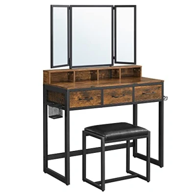 Imagen de VASAGLE RVT004B01 Conjunto de Armario Inferior con Taburete tapizado, 3 cajones, Soporte para secador Pelo, tocador, Estilo Industrial, rústico, marrón y Negro