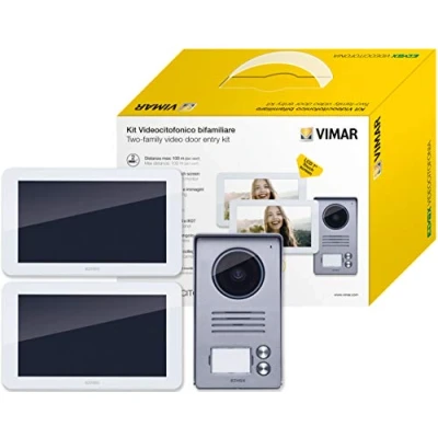Imagen de Vimar K40936 Kit videoportero para 2 famillas con: videoporteros pantalla táctil, placa de botones, alimentadores, suministrado con estribos fijación, blanco