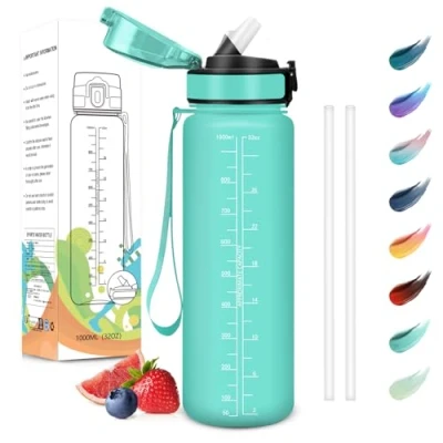 Imagen de Motswedi Botella Agua 1 Litro, Sin BPA, con Pajita, Reutilizable, Gimnasio, a Prueba de Fugas, Agua, Cantimplora para Gym, Yoga, Oficina, Escuela, Azul Verdoso