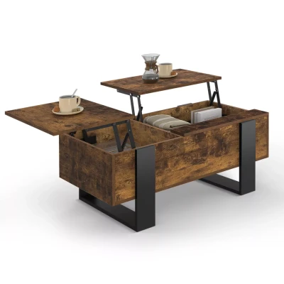 Imagen de Mesa de centro PHOENIX con 2 tableros elevables en madera envejecida y negro