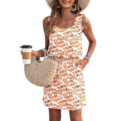 Imagen de WNEEDU Vestido de Verano para Mujer Playa sin Mangas con Cuello en U y cordón aireado Hoja Naranja L