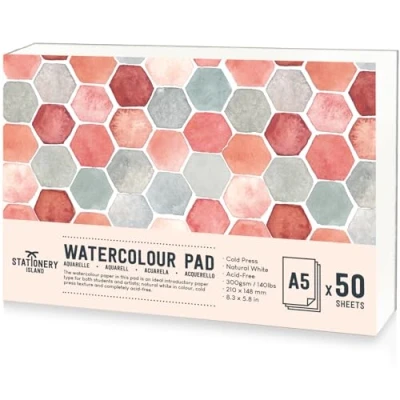 Imagen de Stationery Island Papel Acuarela A5 300gr, 50 Hojas Cuaderno Acuarelas Bloc, para Niños Adultos profesional Pintar, Dibujar y Bocetos
