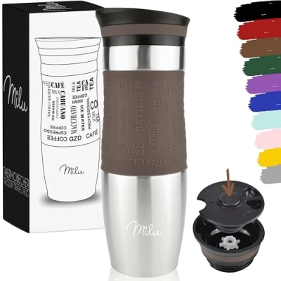 Imagen de Milu Taza aislante de café y té para llevar 370ml 450ml 100% a prueba fugas acero inoxidable beber vaso aislamiento al vacío Caliente frío (Marrón, 450ml)