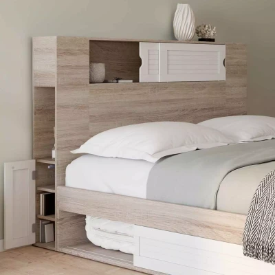 Imagen de IDMarket Cabecero de cama con pie Salem 145 cm almacenamiento cerrado y nichos madera blanco