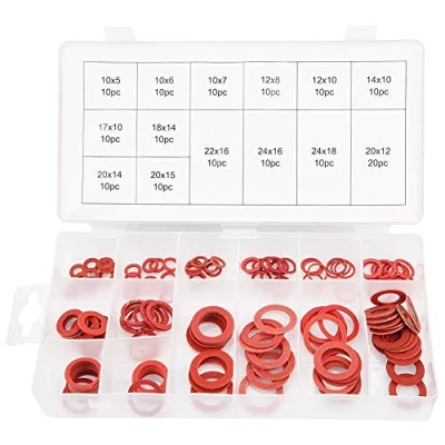 Imagen de Jadeshay Arandelas Planas,150 Piezas 14 Diferentes Tamaños del de Fibra Papel Acero,Rojo Conjunto Arandela Aislamiento Surtido Kit Juntas con Caja