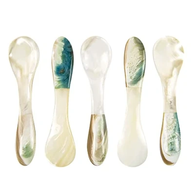 Imagen de Cuchara de Concha, Set 5 Cucharas Hechas a Mano para Servir Postre, Cafe, Helado, Huevo, Caviar (Blanco, 10,3cm x 2,4cm)