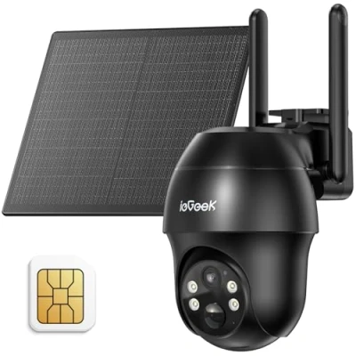 Imagen de ieGeek cámara de seguridad solar celular 3G/4G LTE inalámbrica para exteriores con tarjeta SIM, PTZ 360, sistemas CCTV 2K sin WiFi, visión nocturna a color, detección