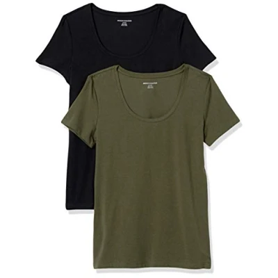 Imagen de Amazon Essentials Camiseta de Manga Corta con Cuello Redondo y Corte Clásico (Disponible en Tallas Grandes) Mujer, Pack 2, Verde Oliva Oscuro/Negro, L