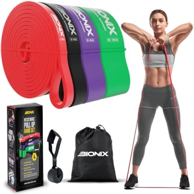 Imagen de Bionix Bandas de Resistencia para dominadas: 4,5 mm Grosor, duraderas y ecológicas, elásticas Ejercicio, Entrenamiento, Gimnasio, Yoga, Hombres Mujeres, Paquete 4