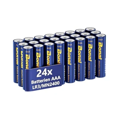 Imagen de BONAI Longlife pilas alcalinas AAA (24 unidades) 1,5 V Micro LR03 de alto rendimiento, ideal para despertadores, termómetros febriles, lámparas decorativas y otros dispositivos con