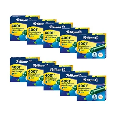 Imagen de Pelikan 300087A Juego de Cartuchos Tinta 4001 para Plumas Estilográficas TP6, paquete 60 unidades/10 cajas 6 cartuchos, Verde