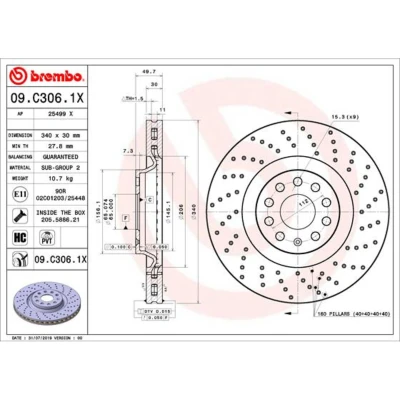Imagen de BREMBO 09.C306.1X Disco de freno 340 30 9 perforado/ventil. int. revestido altamente carbonizado con tornillos VOLKSWAGEN: Passat B7 Variant, Golf 7
