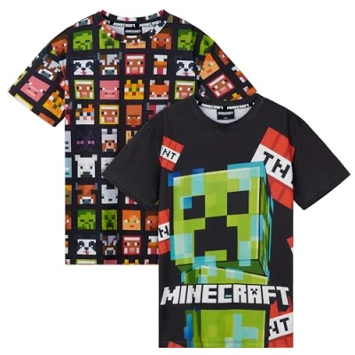 Imagen de Minecraft Suave Camisetas para Niño de Cuello Redondo, 2 Pack Tshirts (Negro/Multi, 9 10 Años)