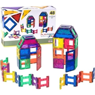 Imagen de Playmags Conjunto 48 Piezas con imanes más Fuertes, Tallo Juguetes para los niños, fichas magnéticas y Bloques de construcción, Resistente, Durable el Super Vivid Borrar Color Azulejos