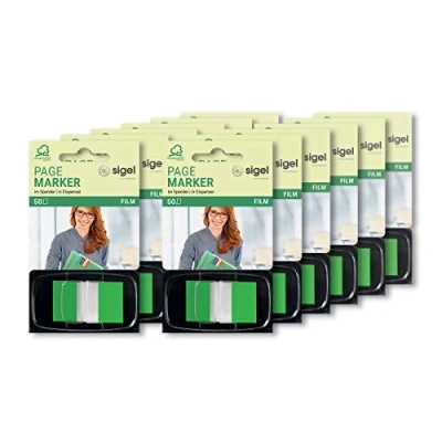 Imagen de SIGEL HN493 Marcapáginas adhesivos, cinta de filme transparente en repartidor Z, 12 fundas 50 tiras 43 x 25 mm, Color Tip verde