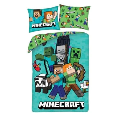 Imagen de Ropa de cama infantil reversible con certificado Öko Tex 140 x 200 cm y funda almohada 70 90 Minecraft Alex Steve