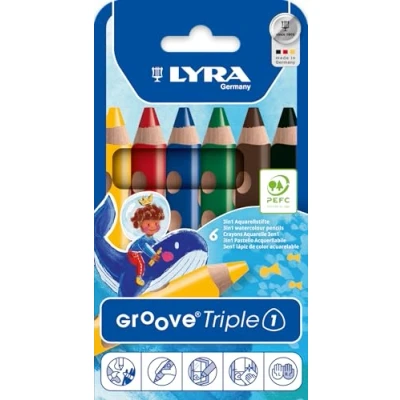 Imagen de LYRA Groove Triple One, Lápices de colores madera 3 en 1, triangular, grueso, lacado, Estuche cartón, 6 surtidos