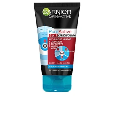 Imagen de GARNIER Skin Active Pure Active, Gel Limpiador de Poros y Exfoliante Facial con Carbón 3 en 1, 150 ml