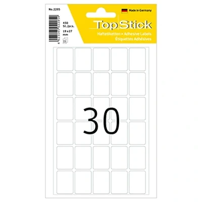Imagen de TopStick 2205 Etiquetas multiusos mini (19 x 27 mm, 15 hojas, papel, mate) autoadhesivas, pegatinas universales permanentes para rotulación a mano, 450 adhesivos blancas