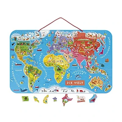 Imagen de Janod Puzzle magnético del Mundo de madera, Version en Alemán, 92 piezas (J05490)