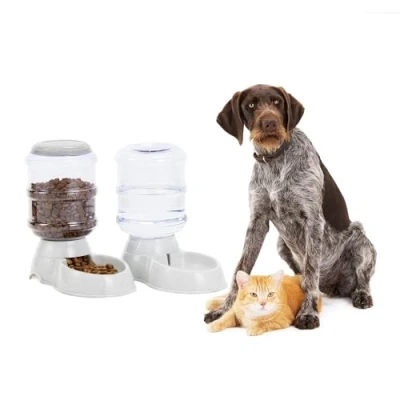 Imagen de Navaris Dispensador de Agua y Comida para Gatos Perros 3.8L c/u Bebedero Comedero Automático Gato Perro Set 2X Gris