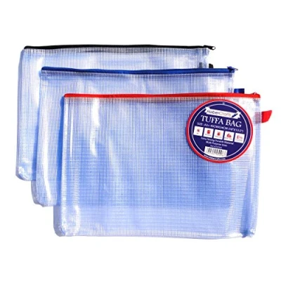 Imagen de Bolsa A3 Tuff con cremallera, carteras de plástico transparente estuche para lápices archivos, resistente al agua, bolsas malla reforzadas (compatible 12 unidades)