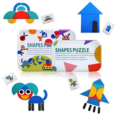Imagen de LEADSTAR Tangram Madera, Incluir 36 Piezas Montessori Shapes Puzzle de Madera + 60 Diseño Tarjetas Animales Puzzles, Juegos Clasificación y Apilamiento para Niños