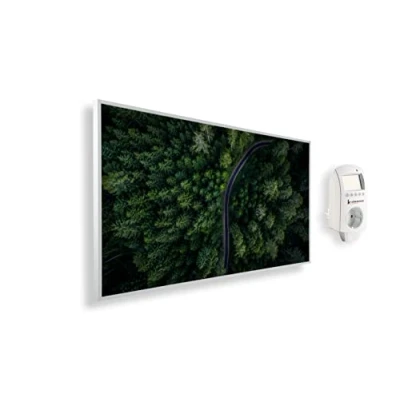 Imagen de Könighaus Calefactor por Infrarrojos con Cuadro, 1000 Vatios + Termostato Inteligente y Aplicación Estufa de Pared Bajo Consumo TÜV/GS Marco Blanco (16. Camino forestal)