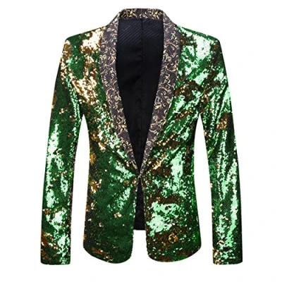 Imagen de PYJTRL Hombres Elegante Dos Colores conversión Brillante Lentejuelas Chaqueta Traje (3XL, Oro Y Verde.)