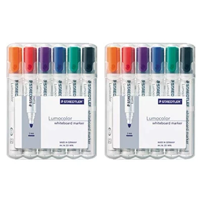 Imagen de Staedtler Lumocolor 351 WP6 Rotulador para pizarra blanca, punta redonda, aprox. 2 mm de ancho, juego con 6 colores (2 estuches)