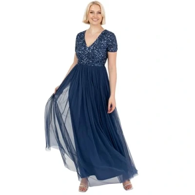 Imagen de Maya Deluxe Womens Ladies Dress for Wedding Guest Plus Size Empire High Waist Sequins Short Sleeve Evening Bridesmaid Vestido de Dama Honor, French Navy, 46 para Mujer