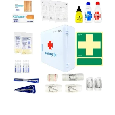 Imagen de Ferretelix® Botiquin Armario de Pared + SEÑAL con dotacion 280 mm x 250 100 HOMOLOGADO Equipado Varios artículos para Realizar Las primeras curas en Caso Emergencia,